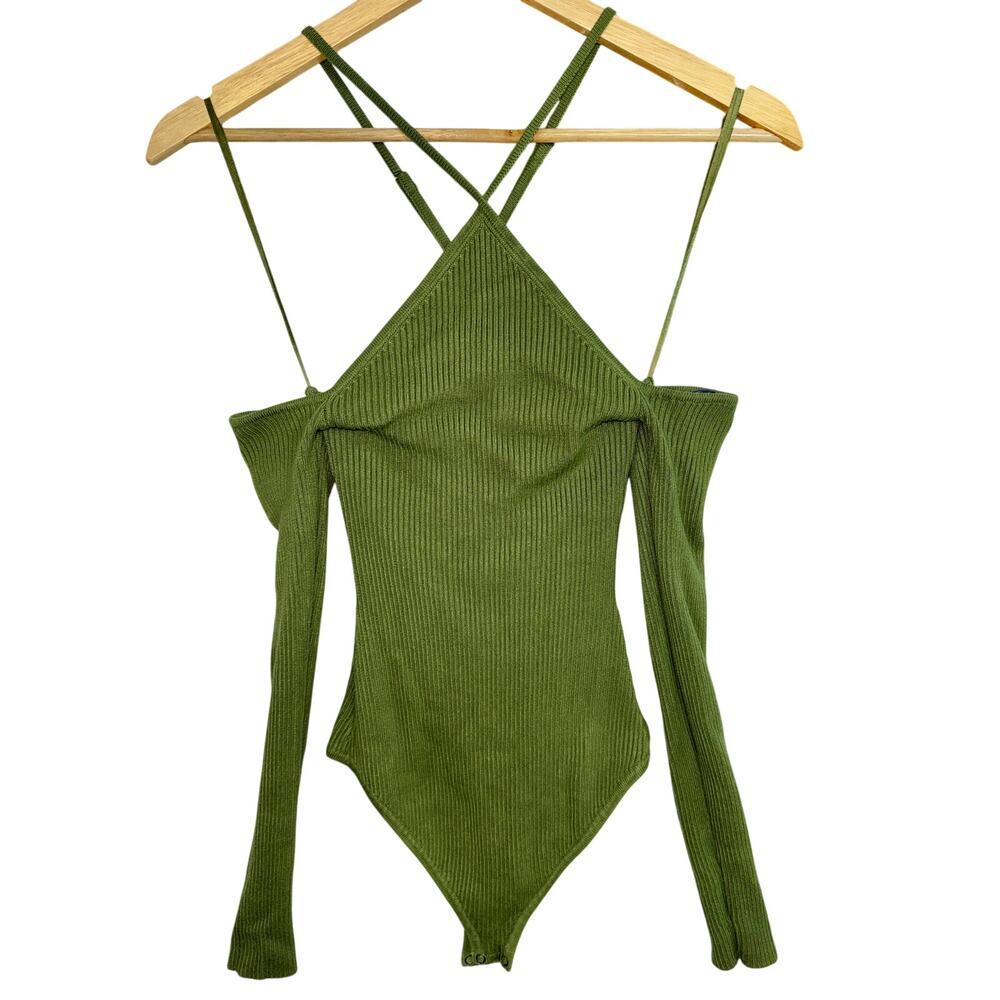 Abercrombie & Fitch Green Ribbed Knit Cold Shoulder Long Sleeve Bodysuit Size XS
